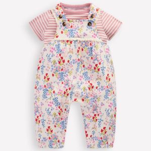 Short Sleeve Jersey Overalls-Ivory Ditsy Meadow