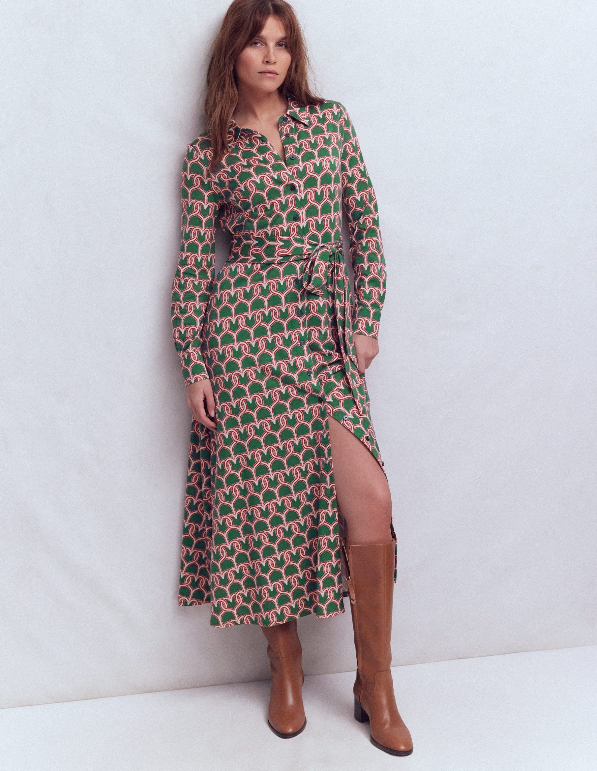 Marcia Jersey Shirt Dress-Hunter Green. Heart Link