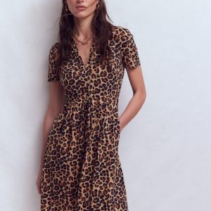 Naomi Short Jersey Dress-Camel. Cheetah Pop