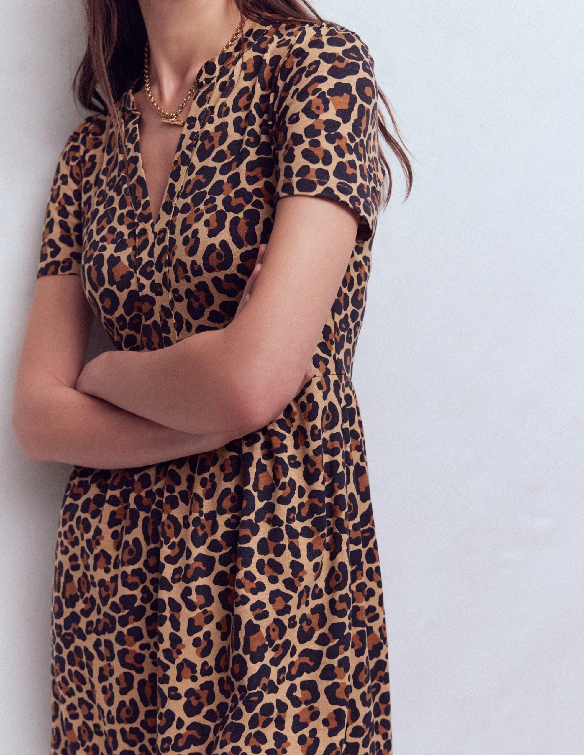 Naomi Short Jersey Dress-Camel. Cheetah Pop - Image 2