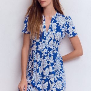 Naomi Short Jersey Dress-Blue. Botanical Flourish Mono