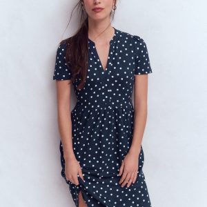 Naomi Short Jersey Dress-French Navy. Painted Dot