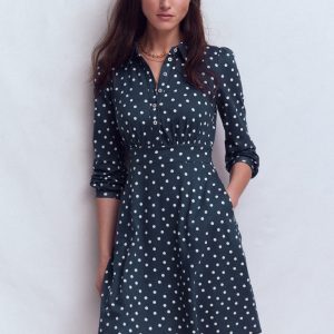 Orla Short Jersey Shirt Dress-French Navy. Painted Dot