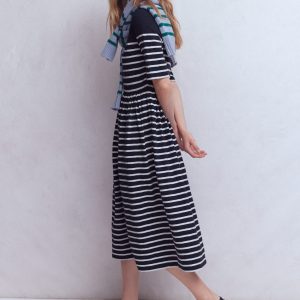 Aria Collared Jersey Dress-Navy. Ivory Stripe
