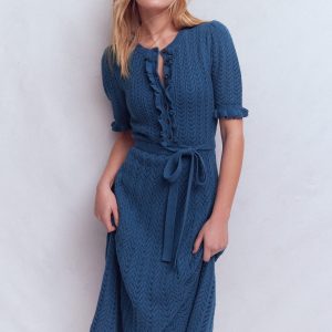 Henley Frill Knitted Dress-Denim Blue