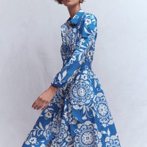 Alexa Long Sleeve Midi Dress-Blue. Decorative Blossom