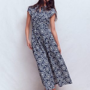 Arabella Cotton Maxi Dress-Navy. Decorative Blossom