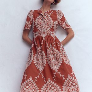 Ivy Cotton Midi Dress-Rust Embroidery