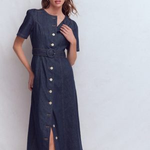 Button Detail Denim Dress-Indigo Wash