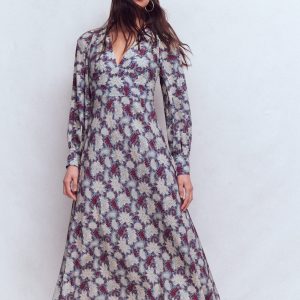 V-neck Blouson Sleeve Dress-Multi Blooming Flora