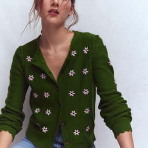 Valeria Crochet Trim Cardigan-Promenade Green . Embroidery