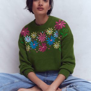 Isa Embroidered Sweater-Herb Garden. Green Flowers