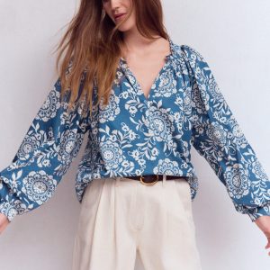 Serena Pleat Neck Top-Blue. Decorative Blossom