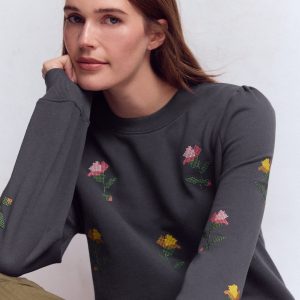 Puff Sleeve Embroidered Sweat-Cross Stitch Flower Embroidery