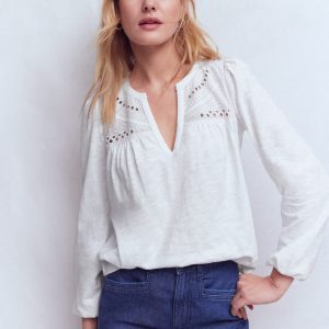 Woven-Mix Notch Neck Top-White
