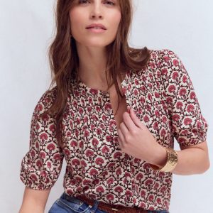 Mya Short Sleeve Smocked Shirt-Strawberry Pink.Flower Lattice