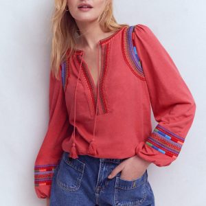 Notch Neck Embroidered Top-Holly Berry