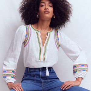 Notch Neck Embroidered Top-White Multi Embroidery