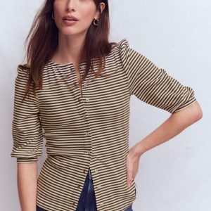 Evie Ribbed Puff Sleeve Top-Potting Soil. Ivory Stripe