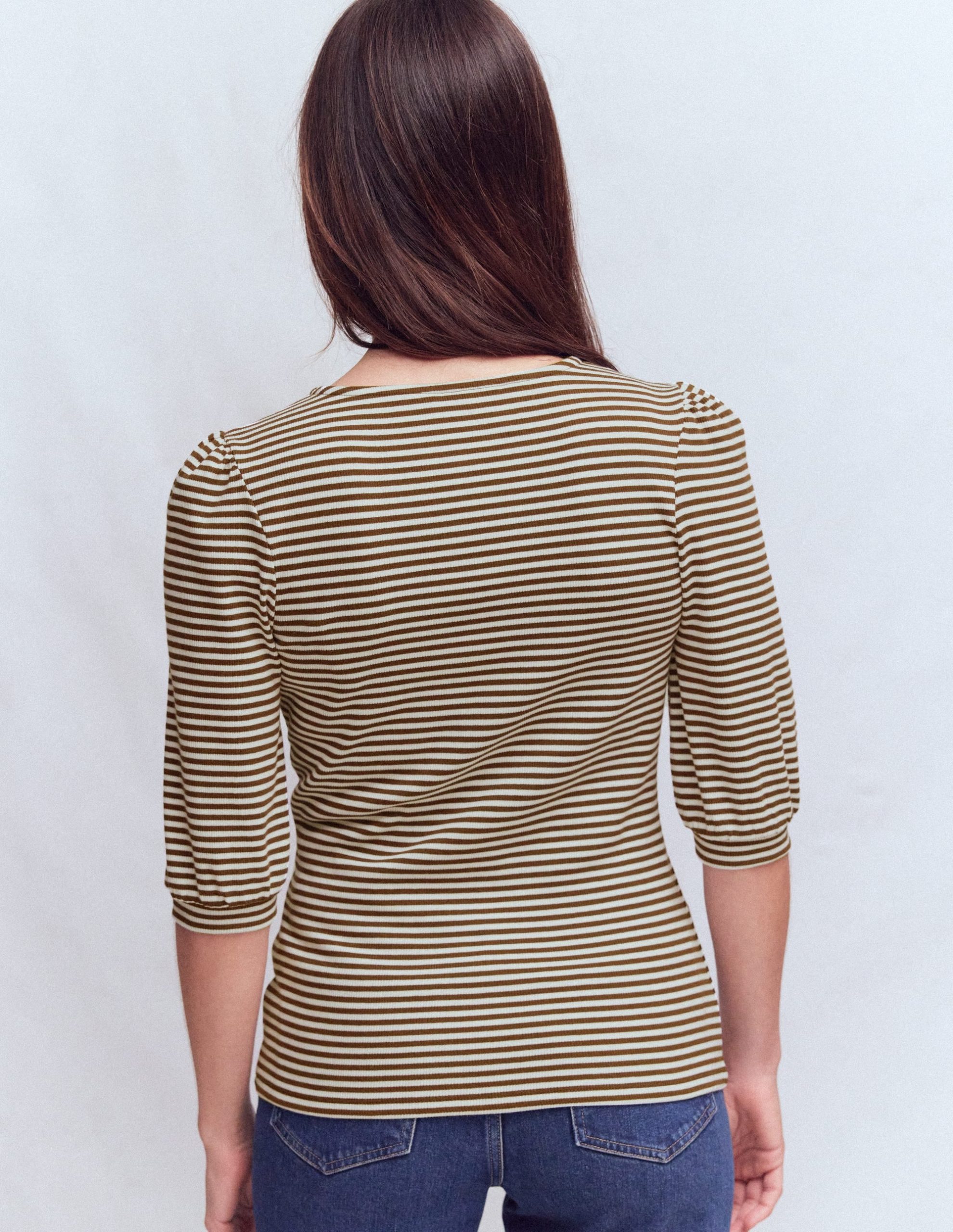 Evie Ribbed Puff Sleeve Top-Potting Soil. Ivory Stripe - Image 3