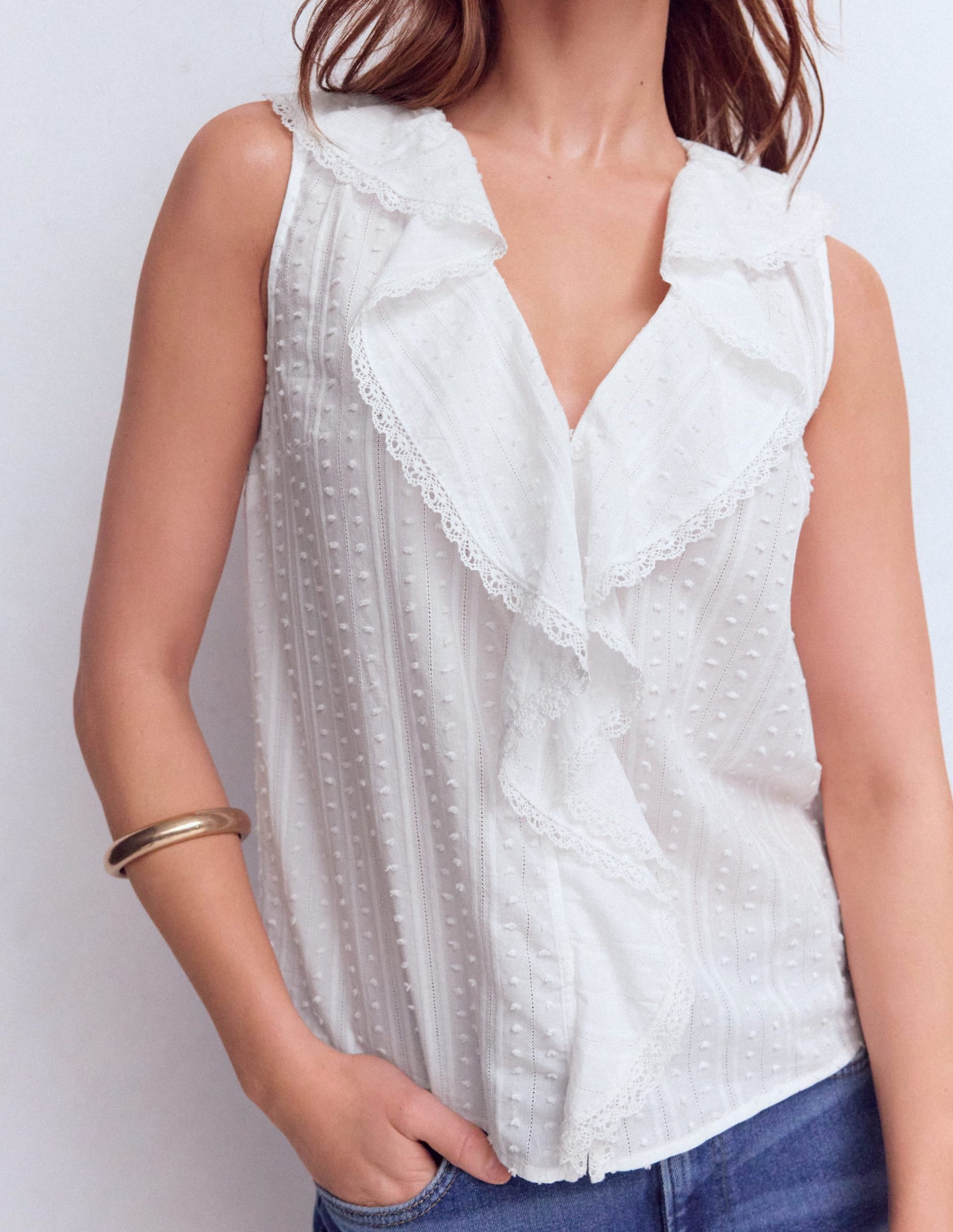Sleeveless V-neck Ruffle Top-White - Image 4