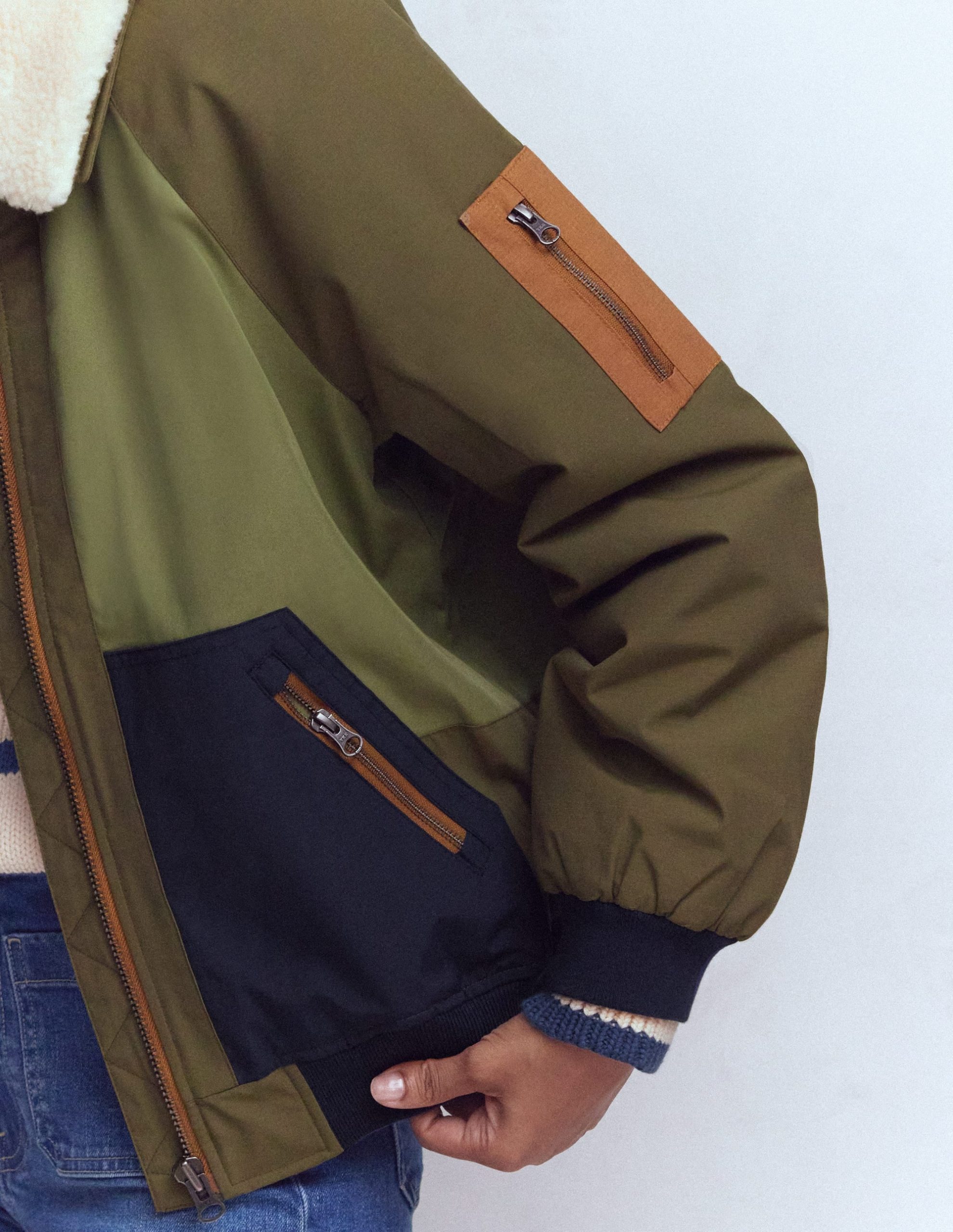 Borg Detail Bomber Jacket-Woodland Green - Image 5