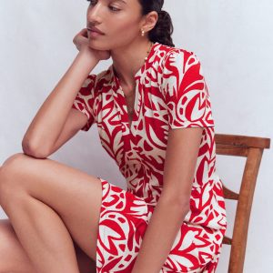 Naomi Short Jersey Dress-Merida Red. Leafy Cascade Mono
