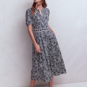 Amber Pleat Jersey Midi Dress-Navy. Meadow Scatter