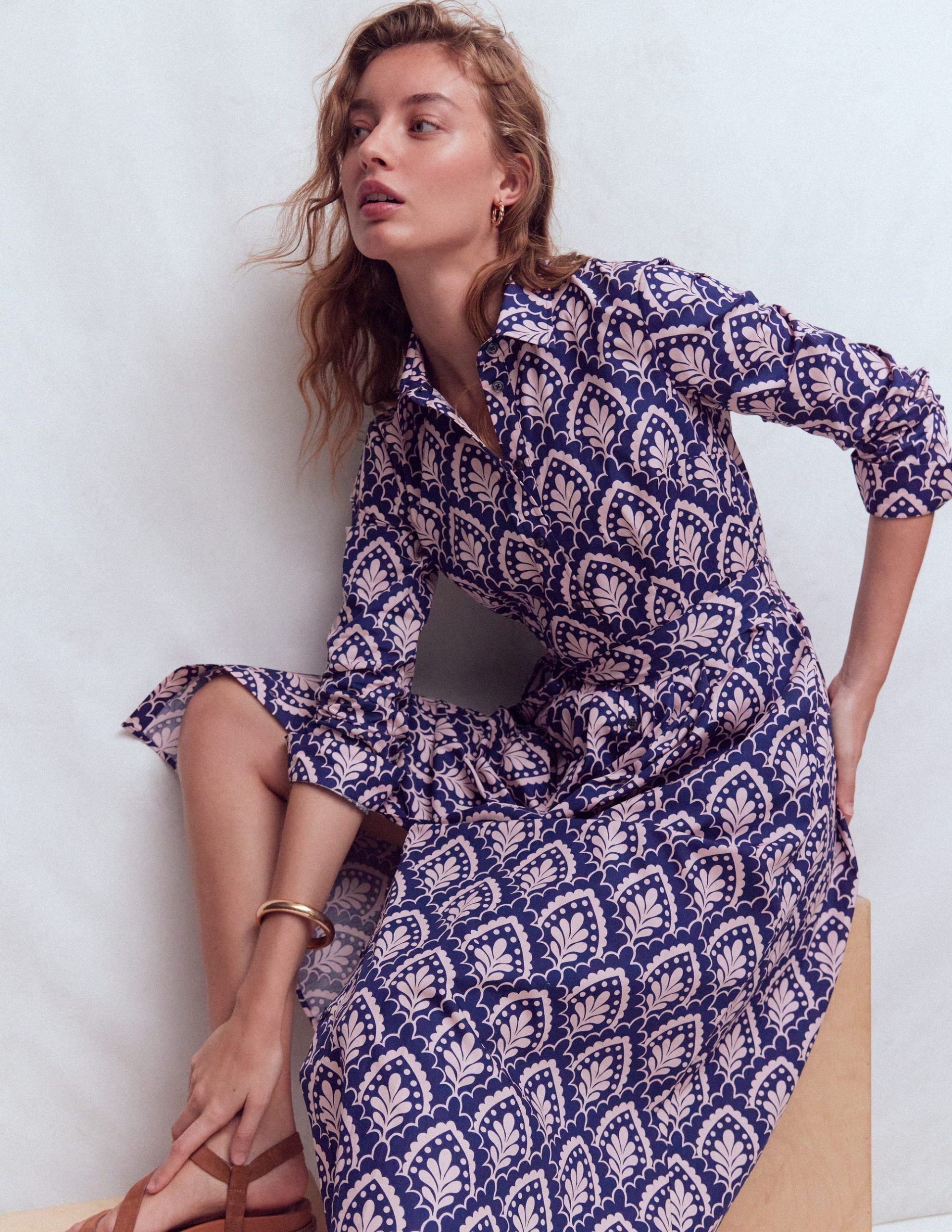 Alexa Long Sleeve Midi Dress-Navy Petal Terrace