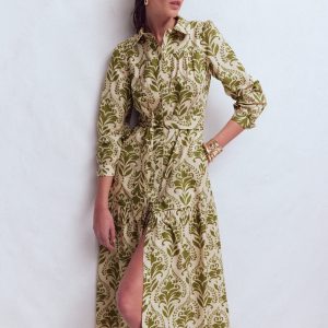 Ellie Cotton Maxi Shirt Dress-Green Decorative Lattice