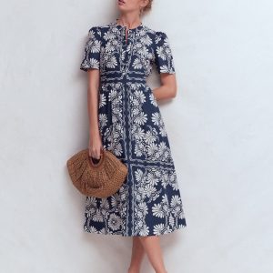 Ivy Cotton Midi Dress-French Navy Botanical Charm