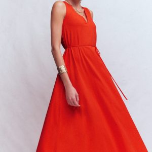 Mia V-neck Jersey Midi Dress-Firecracker Red