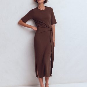 Zinnia Tie Ponte Midi Dress-Espresso