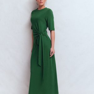 Zinnia Tie Ponte Midi Dress-Dark Green