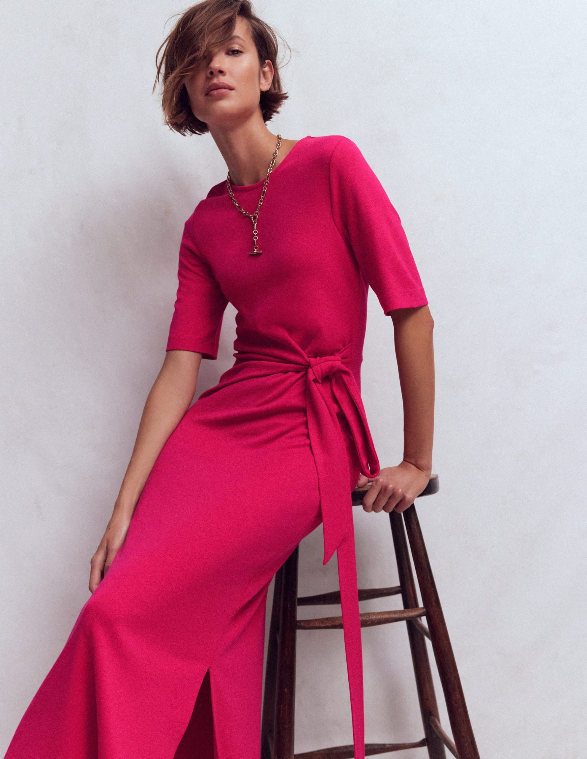 Zinnia Tie Ponte Midi Dress-Vibrant Pink - Image 2