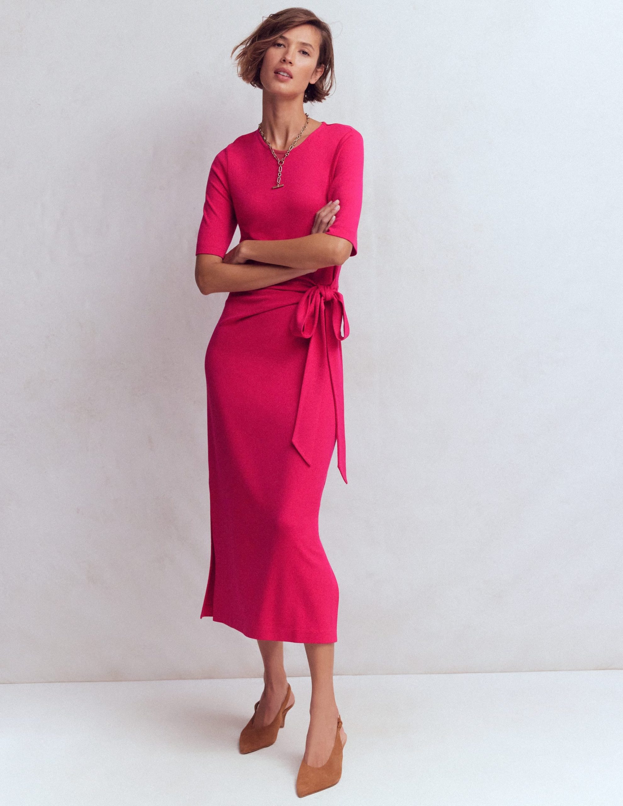 Zinnia Tie Ponte Midi Dress-Vibrant Pink - Image 5