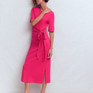 Zinnia Tie Ponte Midi Dress-Vibrant Pink