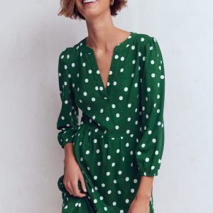 Cathy Notch Neck Jersey Dress-Hunter Green. Painted Dot