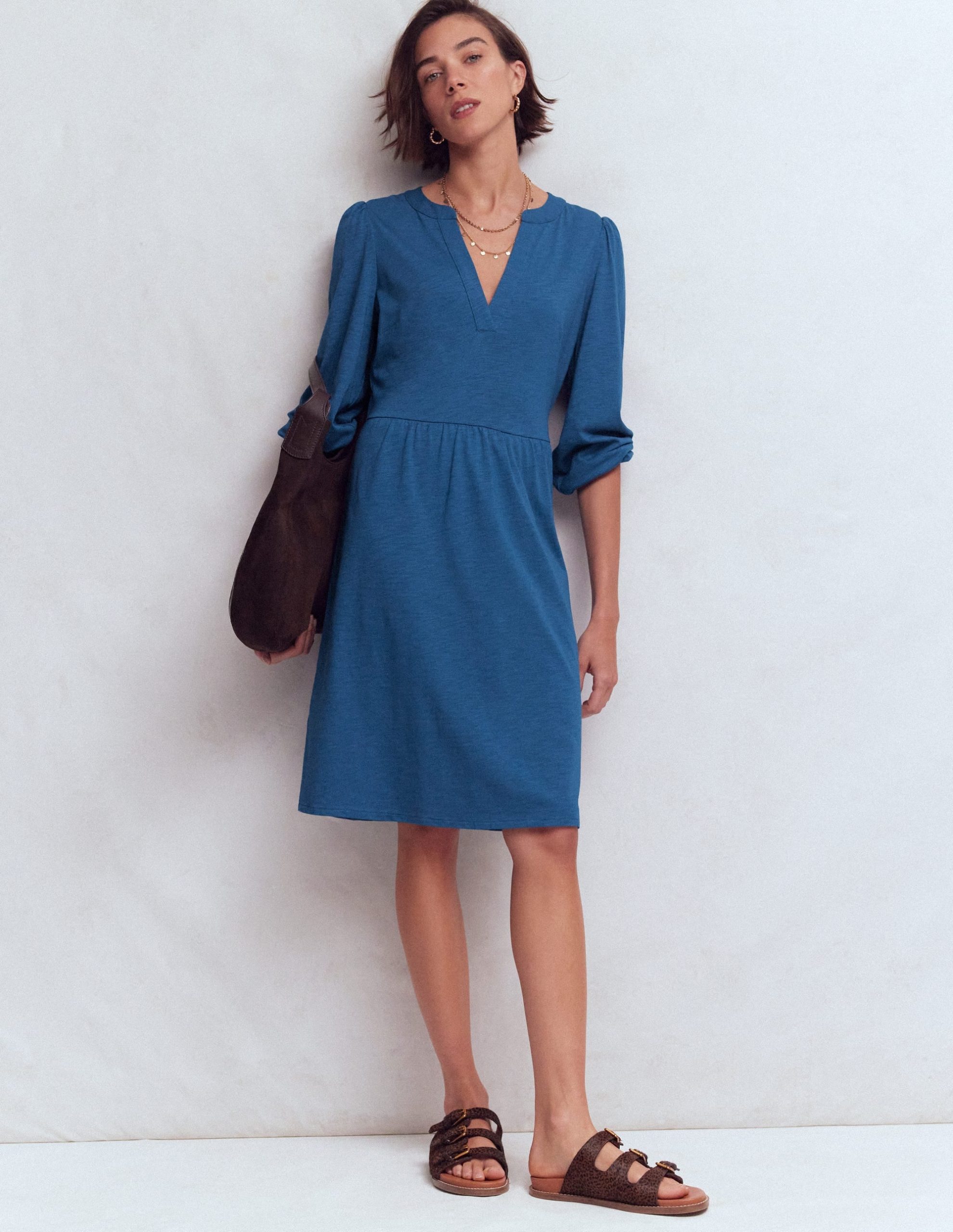 Cathy Notch Neck Jersey Dress-Tourmaline Blue