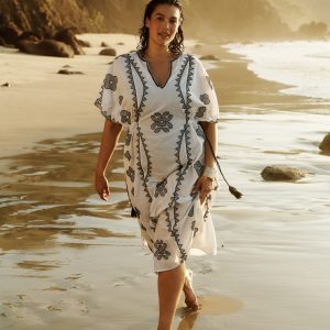 Side Tie Kaftan Dress-White Black Embroidered