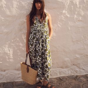 Delphine Midi Sleeveless Dress-Olive. Shadow Blossom