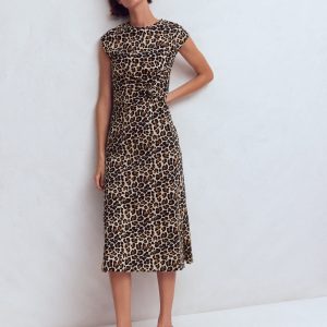 Delilah Twist Midi Dress-Almond Milk. Cheetah Pop