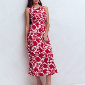 Zara Cross Waist Jersey Dress-Merida Red. Shadow Blossom