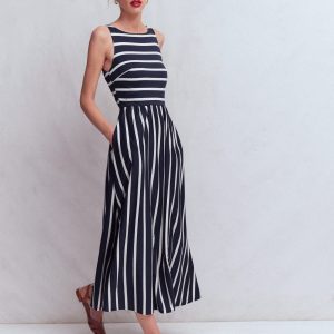 Saoirse Smocked Jersey Dress-Navy. Ivory Stripe