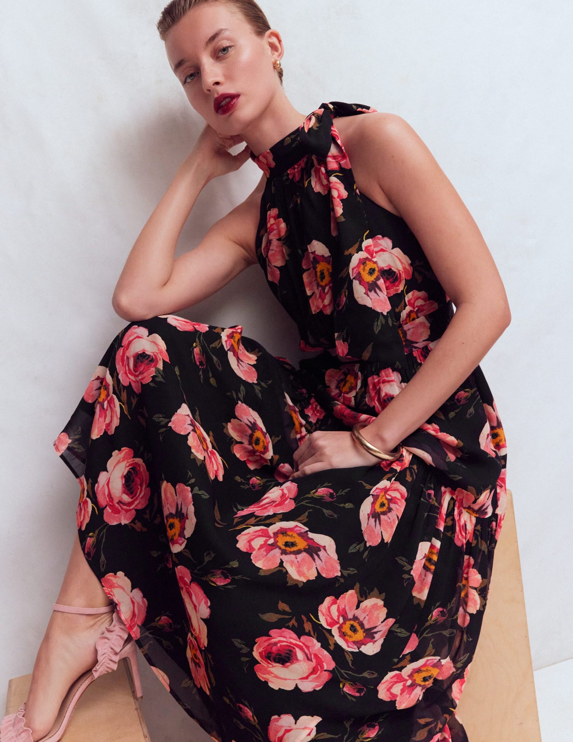 Roisin Tie Neck Maxi Dress-Black Whimsical Roses - Image 3