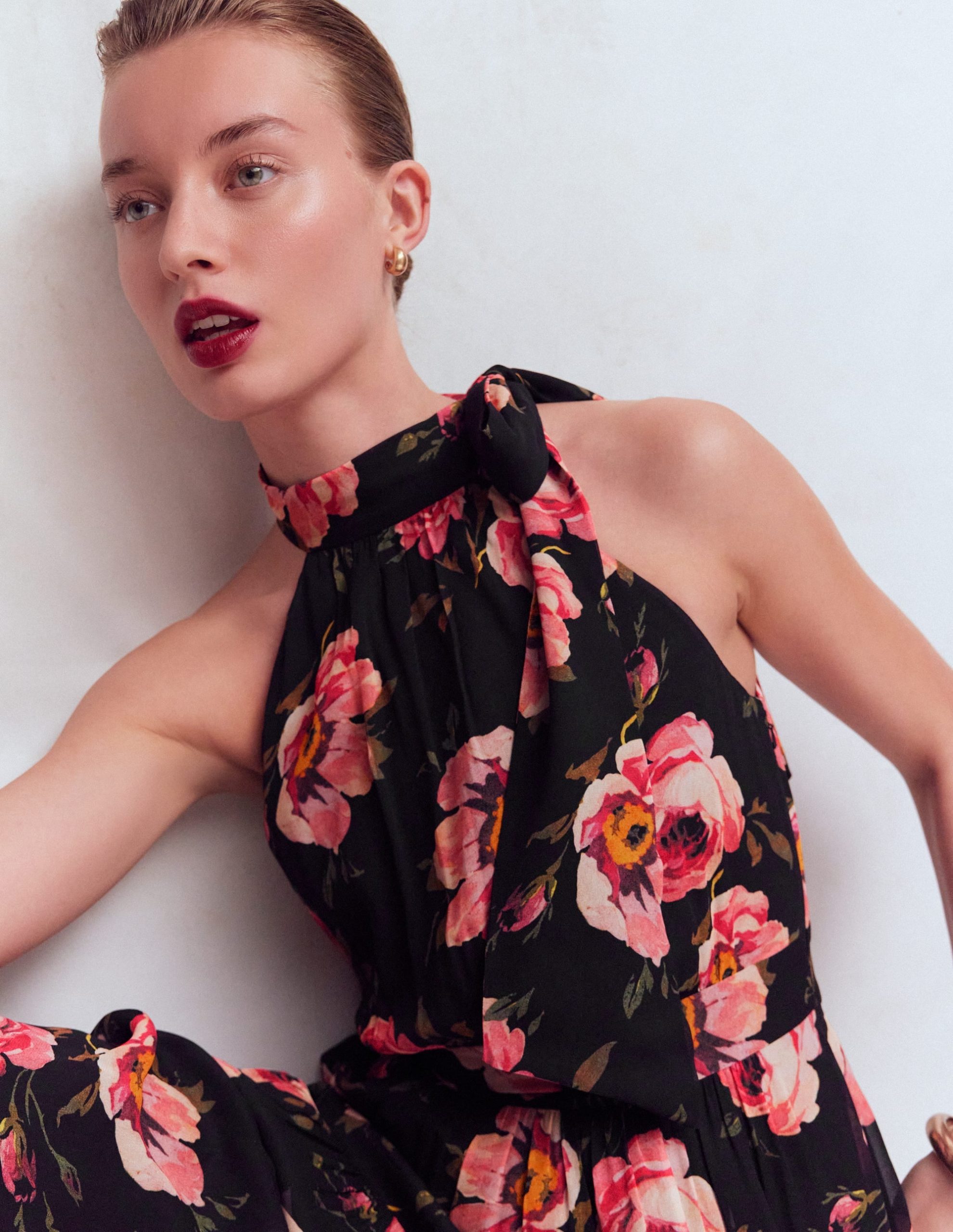 Roisin Tie Neck Maxi Dress-Black Whimsical Roses - Image 4