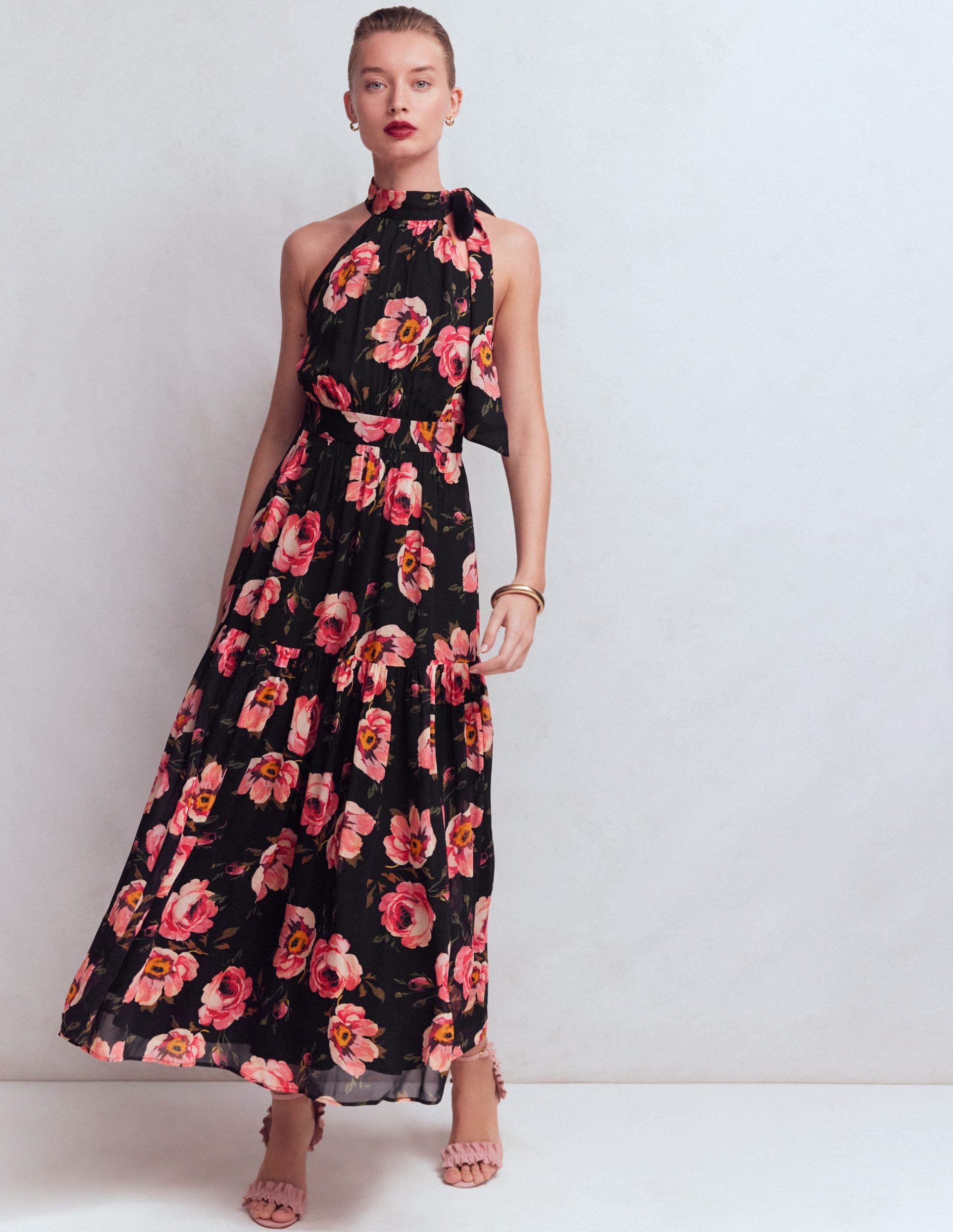Roisin Tie Neck Maxi Dress-Black Whimsical Roses - Image 6