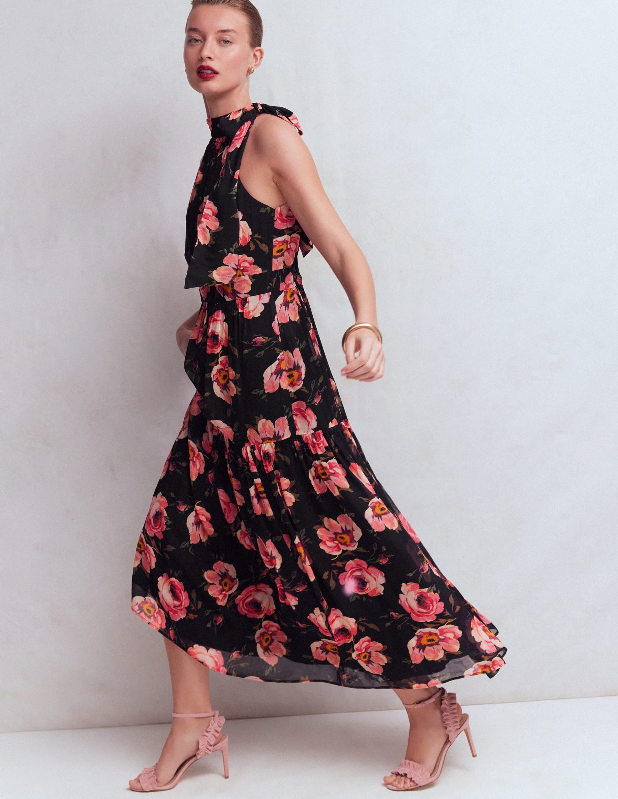 Roisin Tie Neck Maxi Dress-Black Whimsical Roses - Image 7