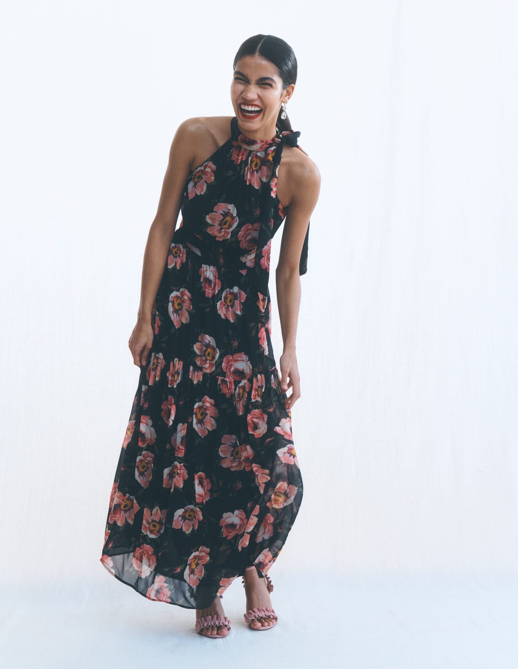 Roisin Tie Neck Maxi Dress-Black Whimsical Roses - Image 2