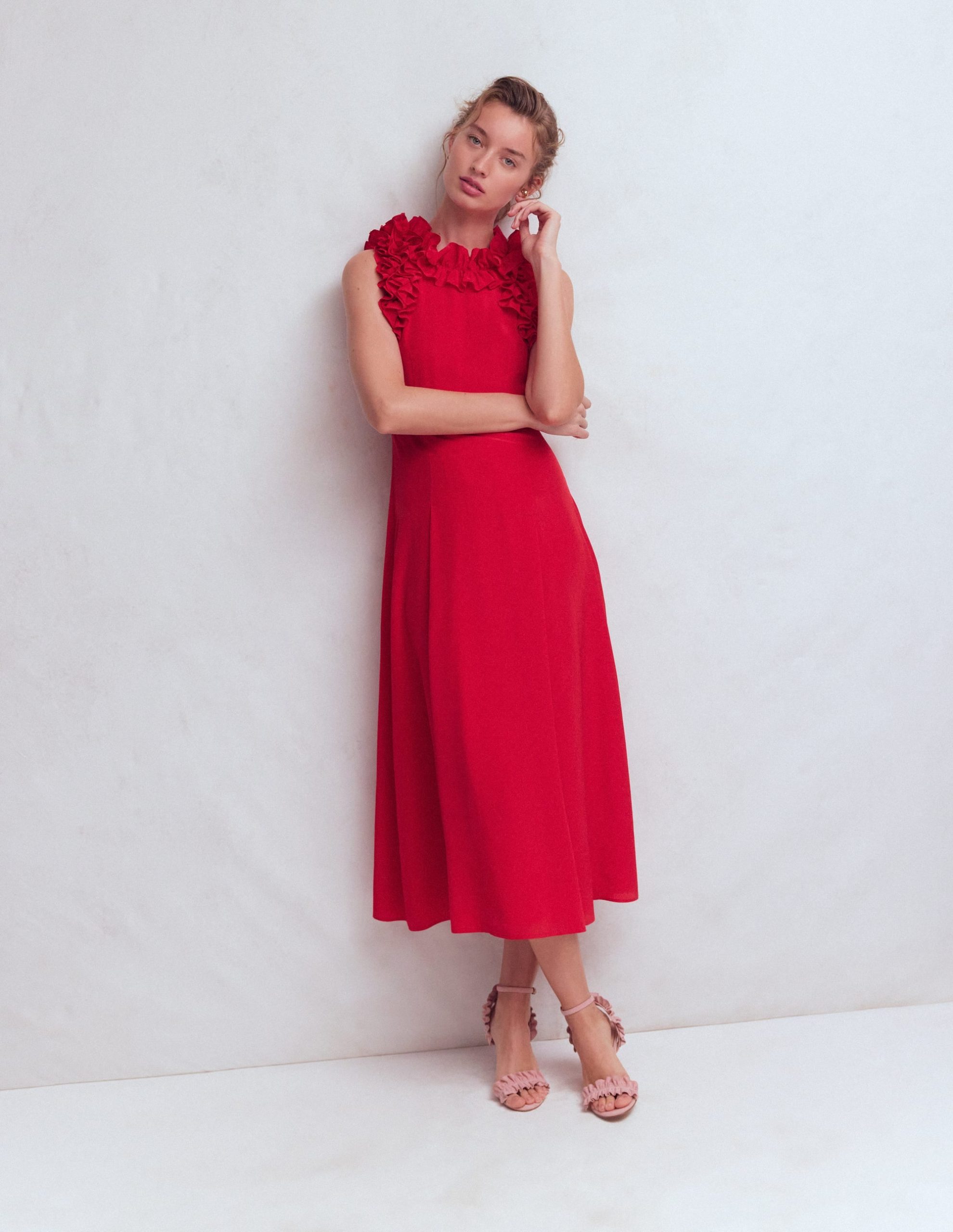 Ruffle Silk Midi Dress-Red - Image 2